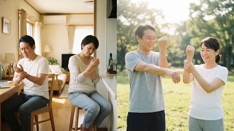 수근관 증후군 예방을 위해 손목 스트레칭을 하는 중장년 남녀 모습
