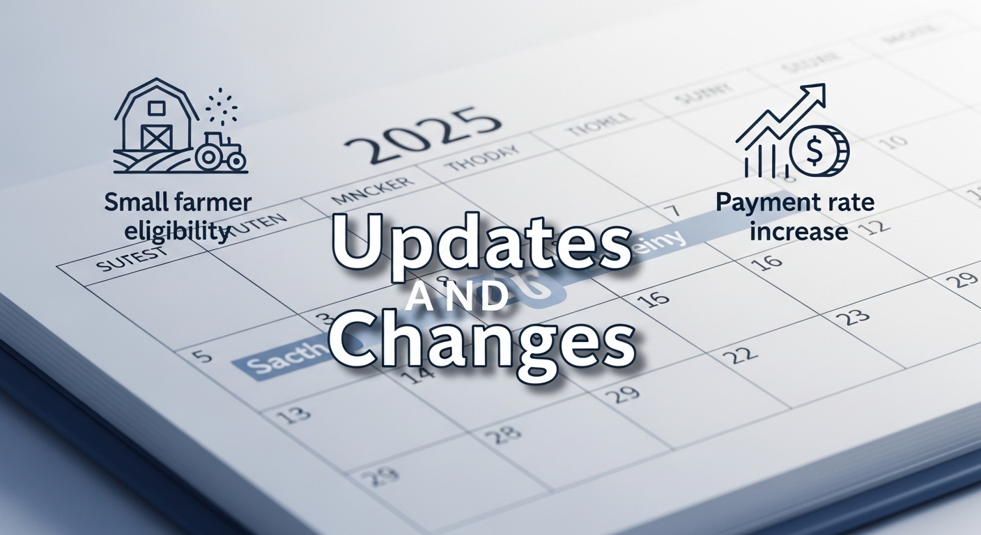 2025년 공익직불제 주요 변화를 나타내는 달력과 아이콘. 소농직불금 자격요건 및 면적직불금 단가 인상 내용을 암시합니다.