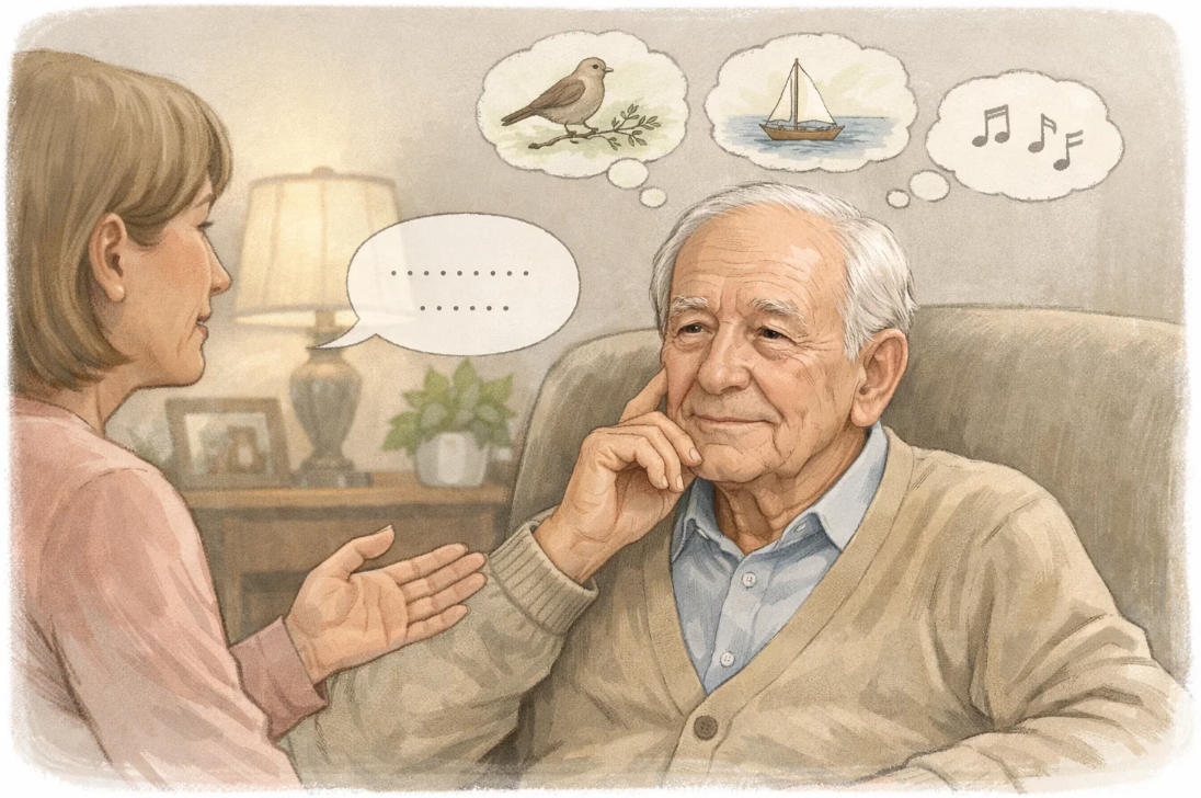 보호자와 노인이 대화 중 기억을 떠올리려 애쓰는 모습으로 기억력 저하를 상징한 일러스트