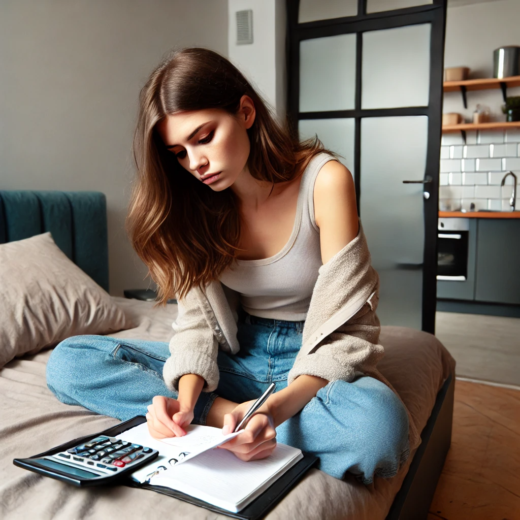 계산기를 들고 월세 문제로 걱정하는 젊은 여성