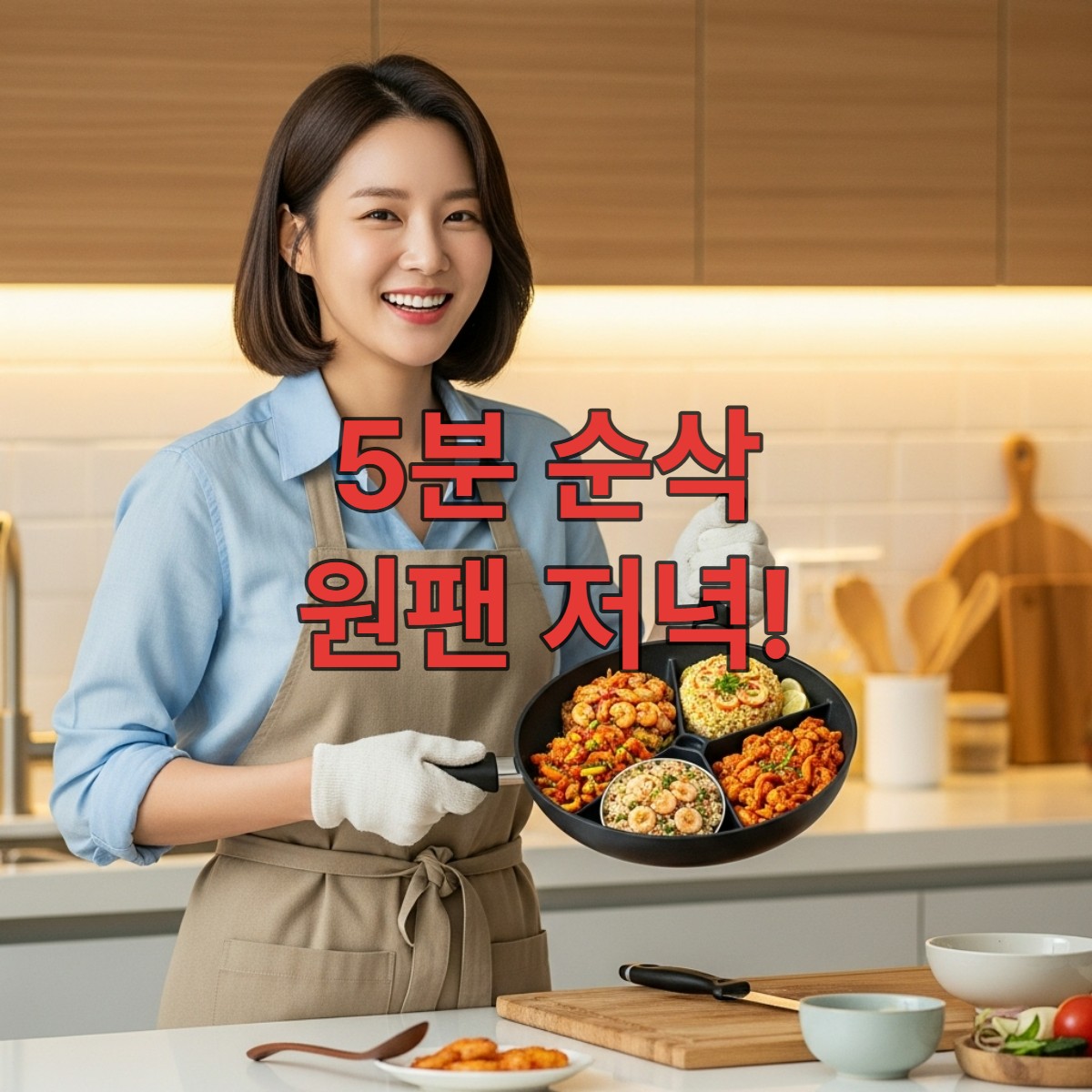 바쁜 현대 한국인 여성이 깔끔한 주방에서 다양한 재료가 담긴 하나의 팬을 들고 환하게 웃고 있는 모습