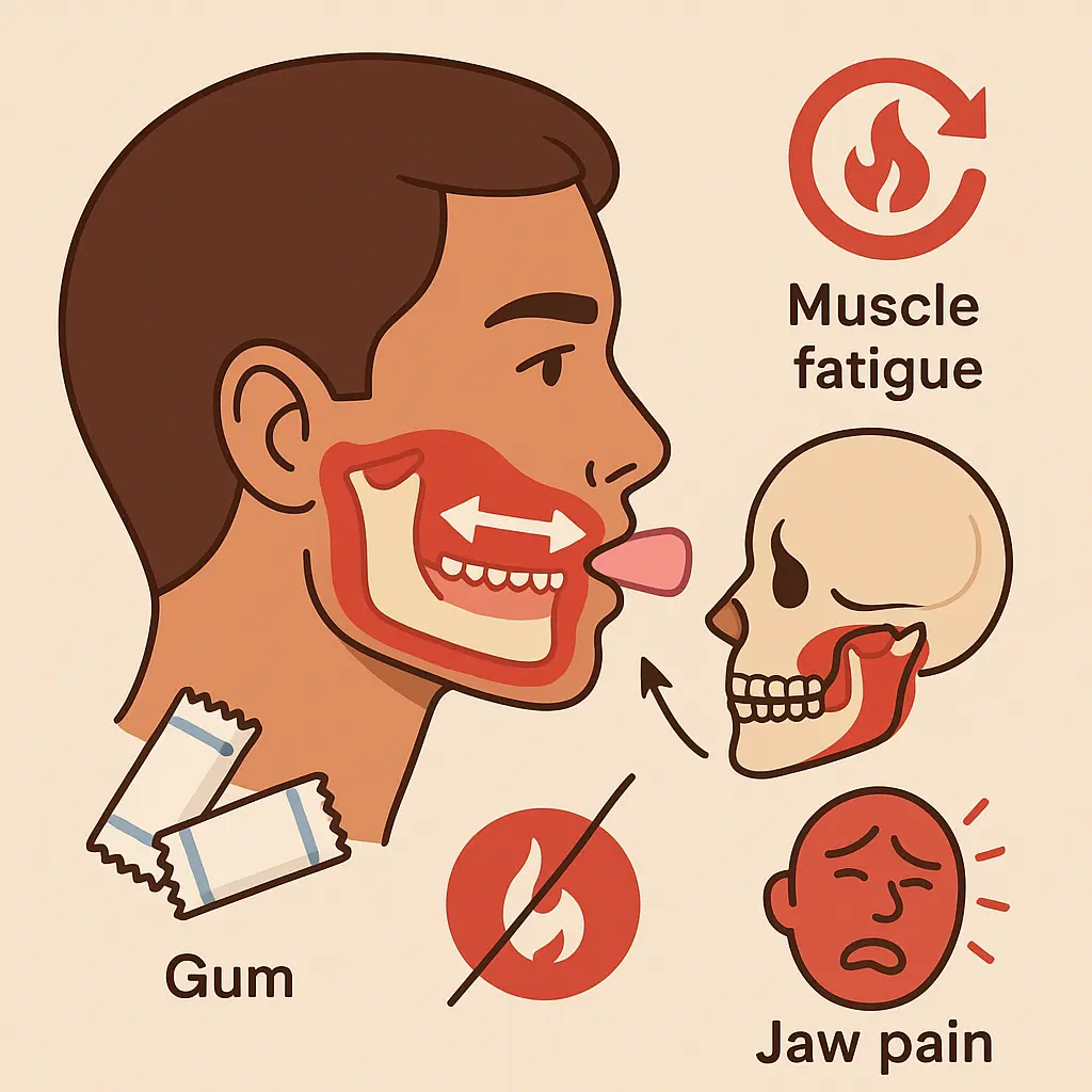 과도하게-껌을-씹어-턱-관절(TM J)에-붉은-스트레스-표시와-근육-피로-아이콘이-함께-배치된-인포그래픽