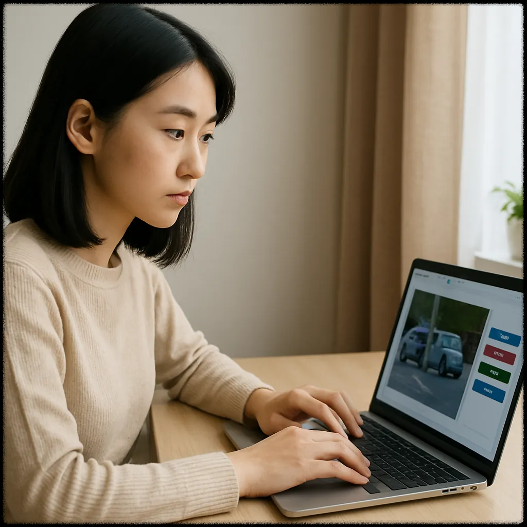 노트북을 보며 데이터 라벨링 작업을 검토하고 있는 모습