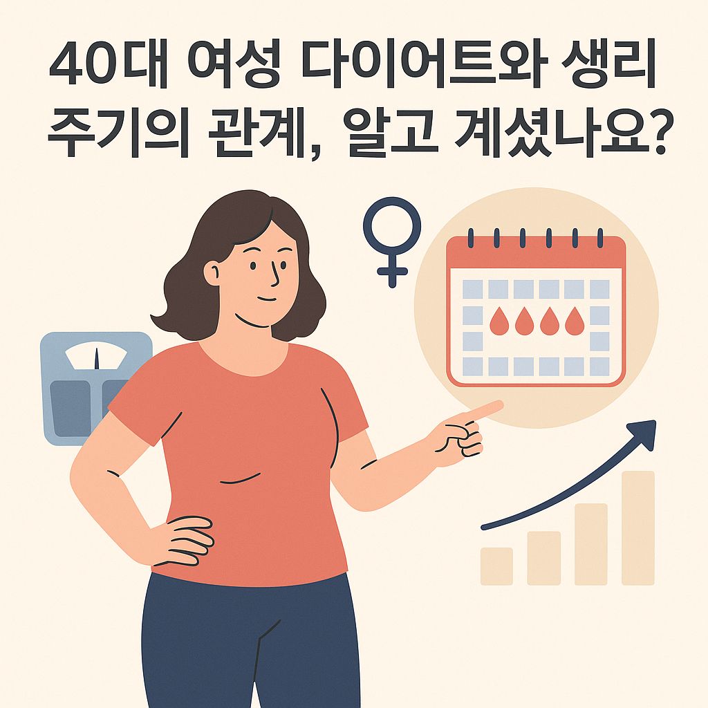 40대 여성이 생리주기 달력을 가리키며 다이어트와 호르몬의 관계를 설명하는 인포그래픽. 체중계, 여성호르몬 기호, 상승 그래프 등이 함께 배치되어 있는 모습
