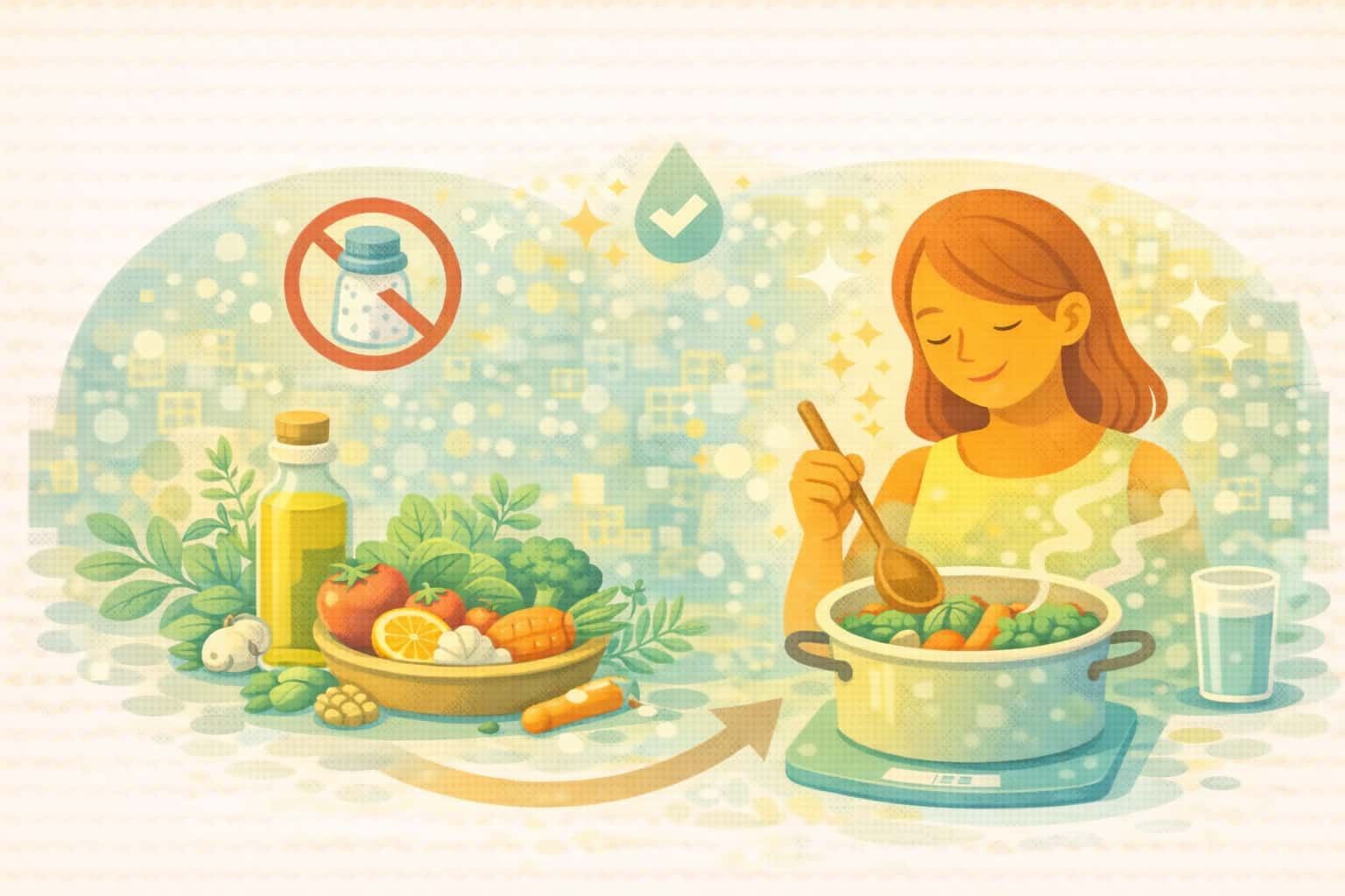 신선한 식재료와 저염 조리법으로 짠맛을 줄이고 건강한 식단을 실천하는 여성의 일러스트