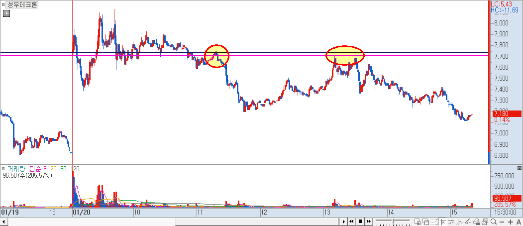 분봉 차트 - 시가 - 고가 고정 라인 표기
