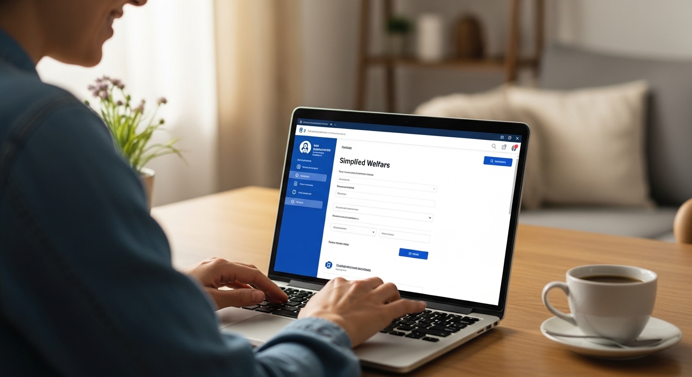 집에서 노트북으로 2025년 긴급복지생계지원금 온라인 신청을 간편하게 처리하며 안도하는 사람.