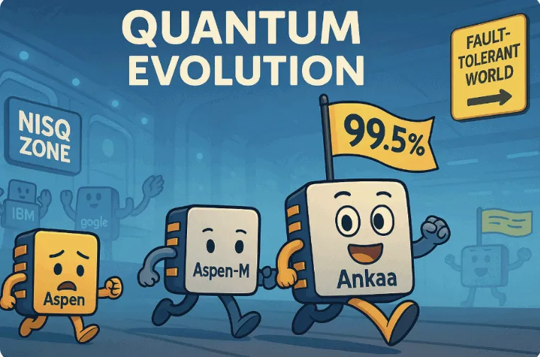 양자칩 캐릭터 Ankaa, Aspen-M, Aspen이 진화하듯 경주하고 있는 픽사풍 일러스트. Ankaa는 '99.5%' 깃발을 들고 FAULT-TOLERANT WORLD를 향해 달리고 있으며, 배경에는 NISQ ZONE 표지와 IBM, Google 캐릭터들이 등장함. (Quantum chip evolution with Ankaa, Aspen-M, and Aspen in a Pixar-style race toward fault-tolerant computing)