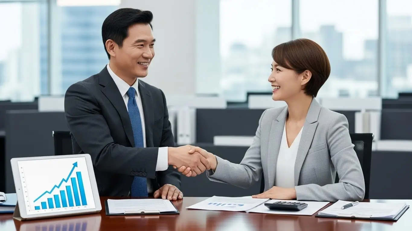 법인 대표가 세무 전문가와 악수하며 성공적인 절세 전략을 확정 짓고 안도하는 모습