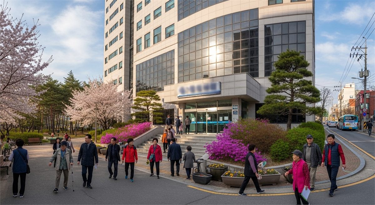 주민센터 앞을 찾는 사람들의 전경 