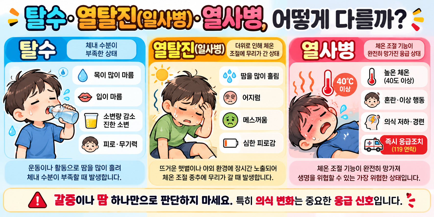 아이 탈수 열탈진 일사병 열사병의 증상과 응급 신호 차이를 설명하는 인포그래픽