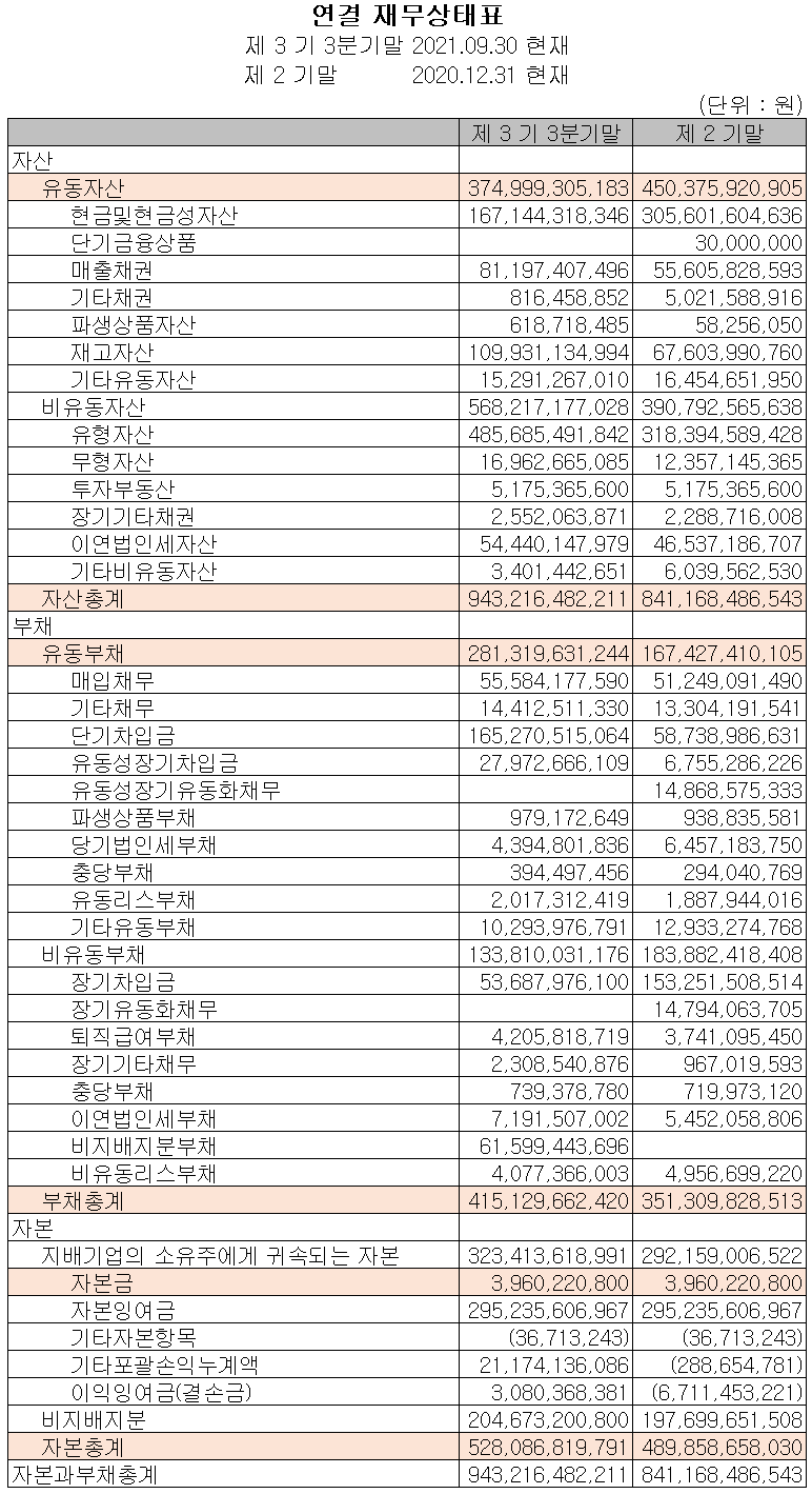 솔루스첨단소재 2021년 3분기 재무상태표