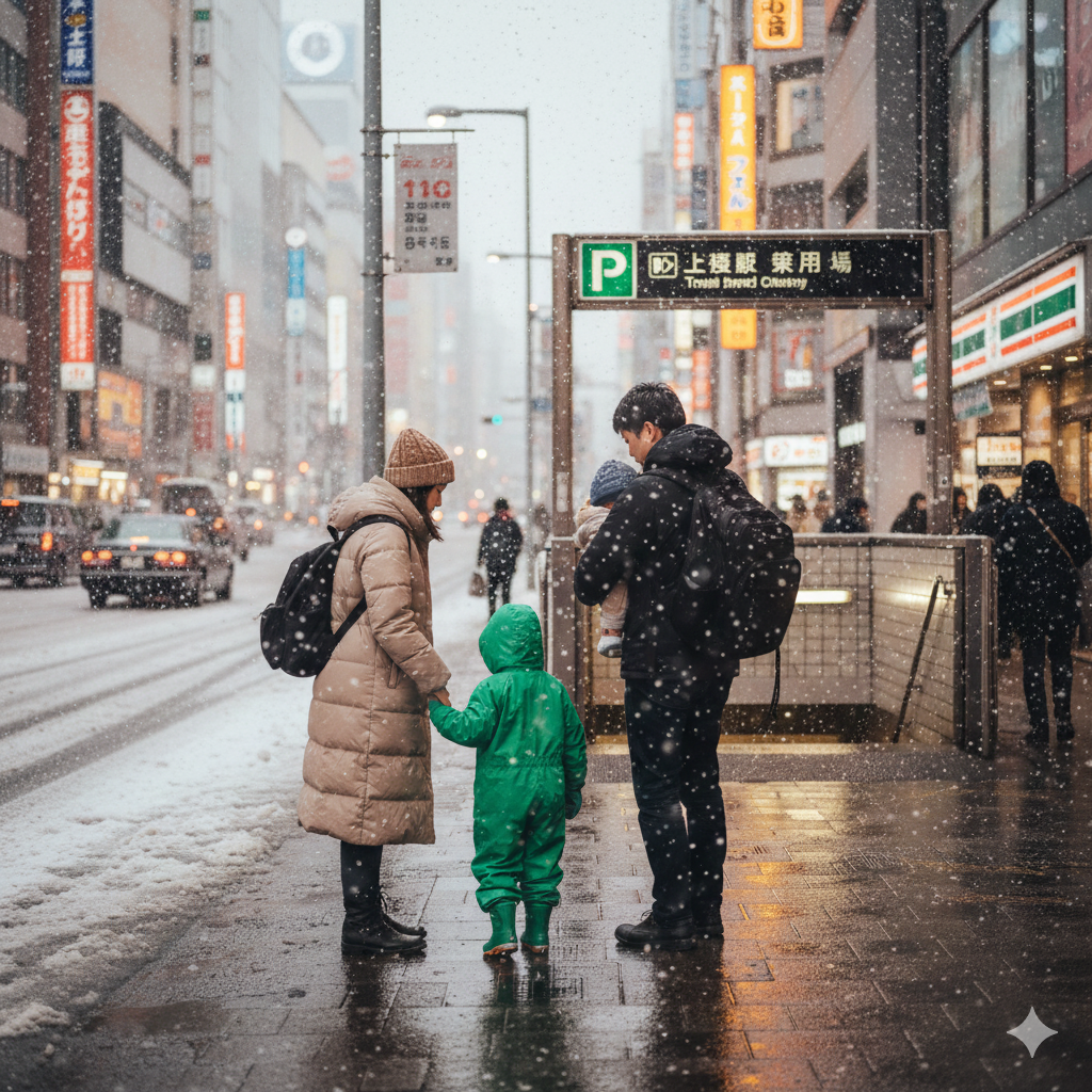 눈이 내리는 일본의 도심 거리에서 한 가족이 지하철 입구 표지판 근처에 서 있어요.