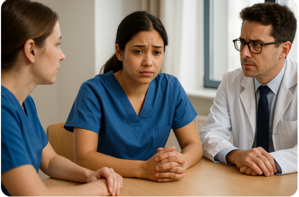 태움 문화에 대해 진지하게 대화 중인 의료인들