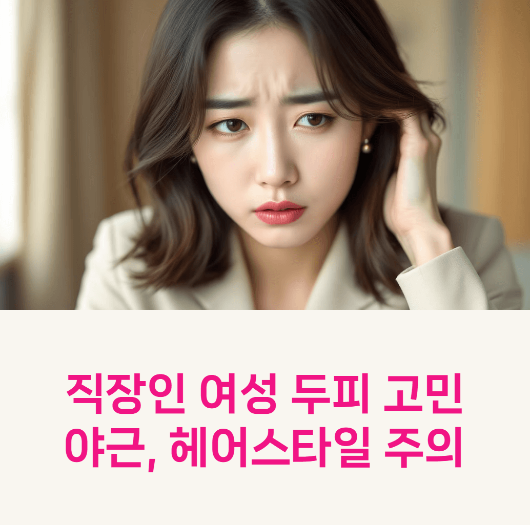 stressed Korean businesswoman touching her hair with worried expression, office setting, soft lighting