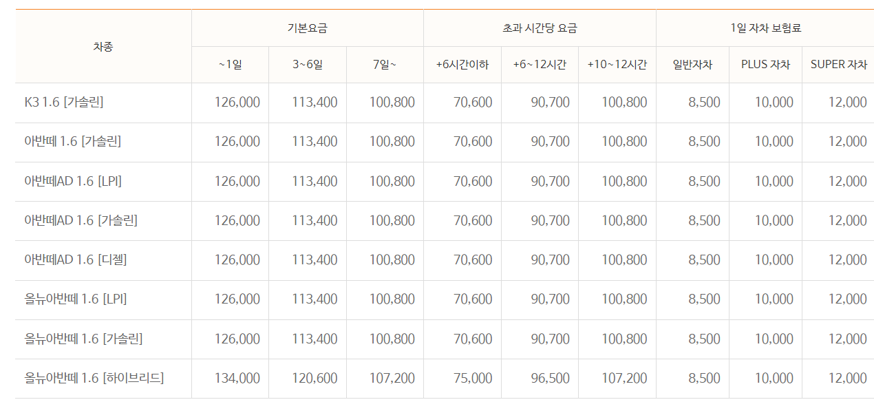렌터카 비용 및 장기대여
