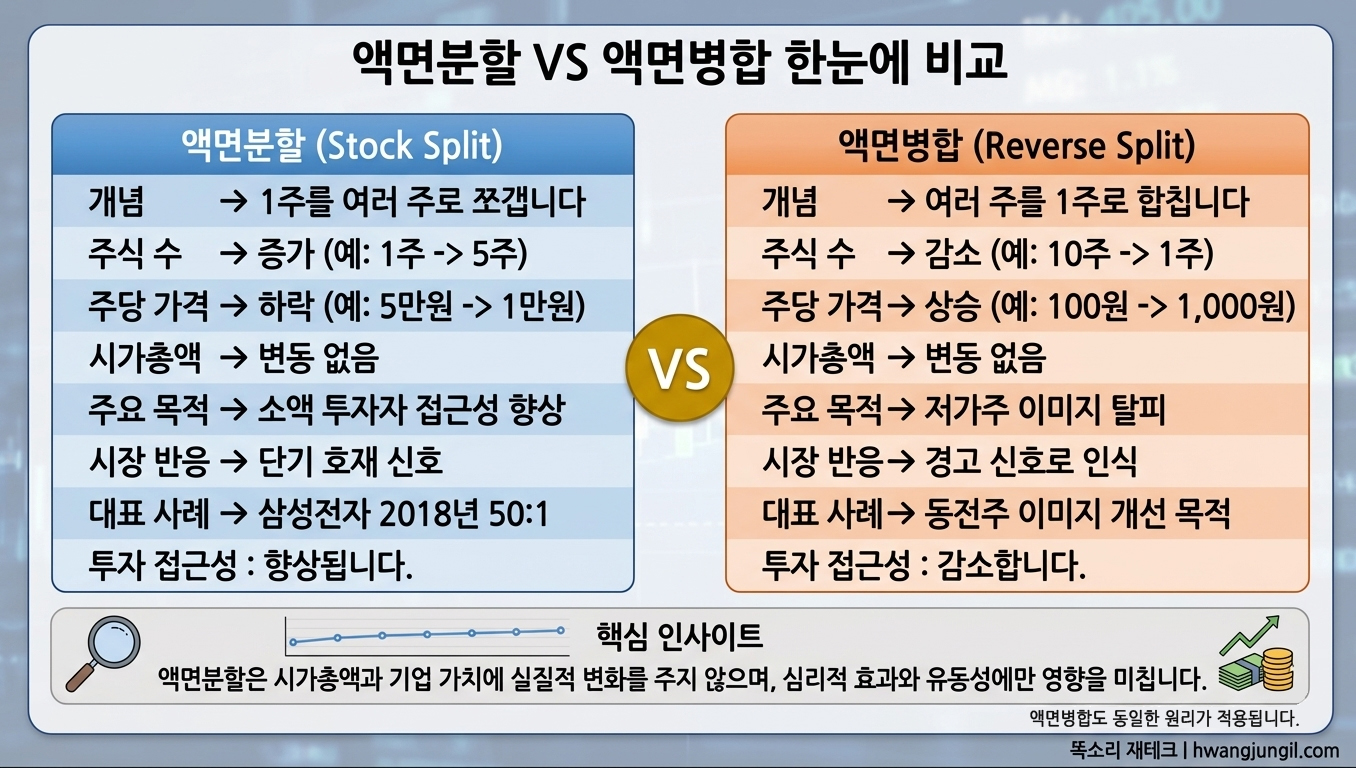 액면분할 VS 액면병합 비교 인포그래픽