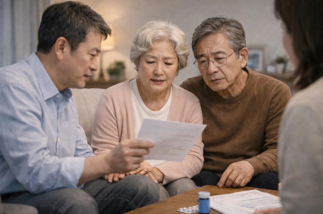 부모님의 임플란트 의료비 연말정산을 위해 자녀와 부모가 함께 서류를 확인하는 가정 내 상담 장면