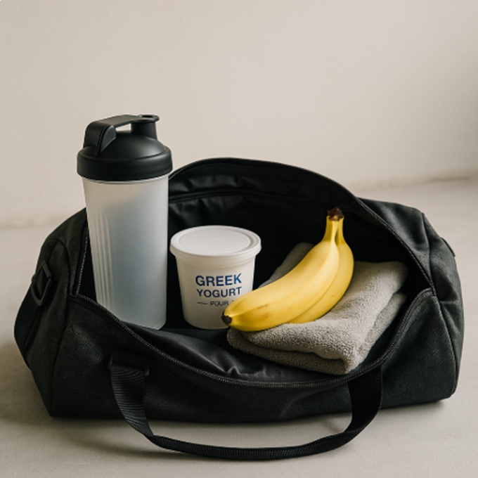 운동 가방 안에 쉐이커와 그릭요거트, 바나나가 들어 있어 운동 후 즉시 단백질을 보충할 수 있음을 보여줍니다.