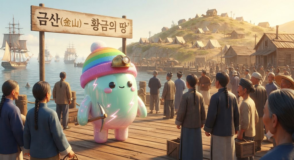 쫀쿠 캐릭터가 1850년대 샌프란시스코 항구에 도착했습니다. 쫀쿠는 광부 모자를 쓰고 작은 곡괭이를 든 채, 배에서 내리는 수많은 중국인 이민자들 틈에 서 있습니다. 항구 뒤편 언덕으로는 텐트촌과 함께 막 세워지기 시작한 목조 건물들이 보입니다. 쫀쿠의 눈은 기대와 호기심으로 반짝이고 있습니다.