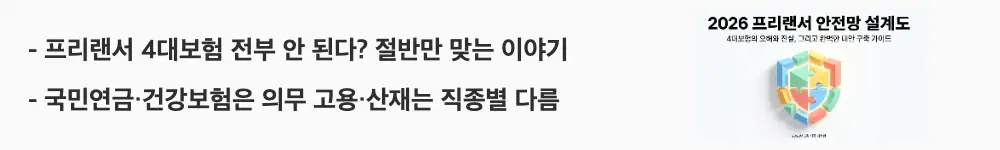프리랜서 4대보험: '프리랜서 4대보험 전부 안 된다? 절반만 맞는 이야기'라는 문구가 포함된 웹배너 이미지. 이 이미지는 프리랜서의 4대보험 항목별 가입 가능 여부를 시각적으로 전달하며, 블로그의 프리랜서 4대보험 의무 여부와 관련된 내용을 설명함