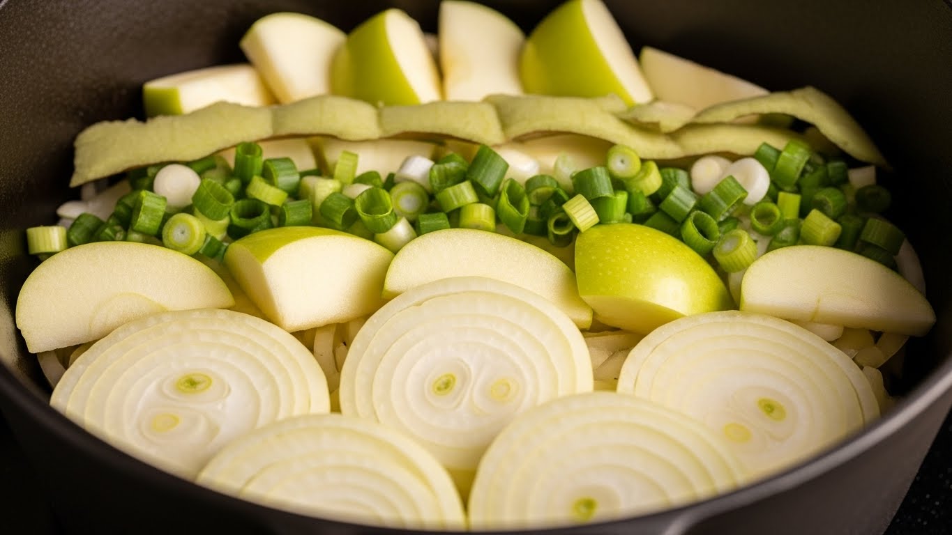 두꺼운-양파,-파,-4등분-사과-조각을-겹겹이-쌓아-올린-냄비-바닥을-물-없이-조리할-수-있습니다.