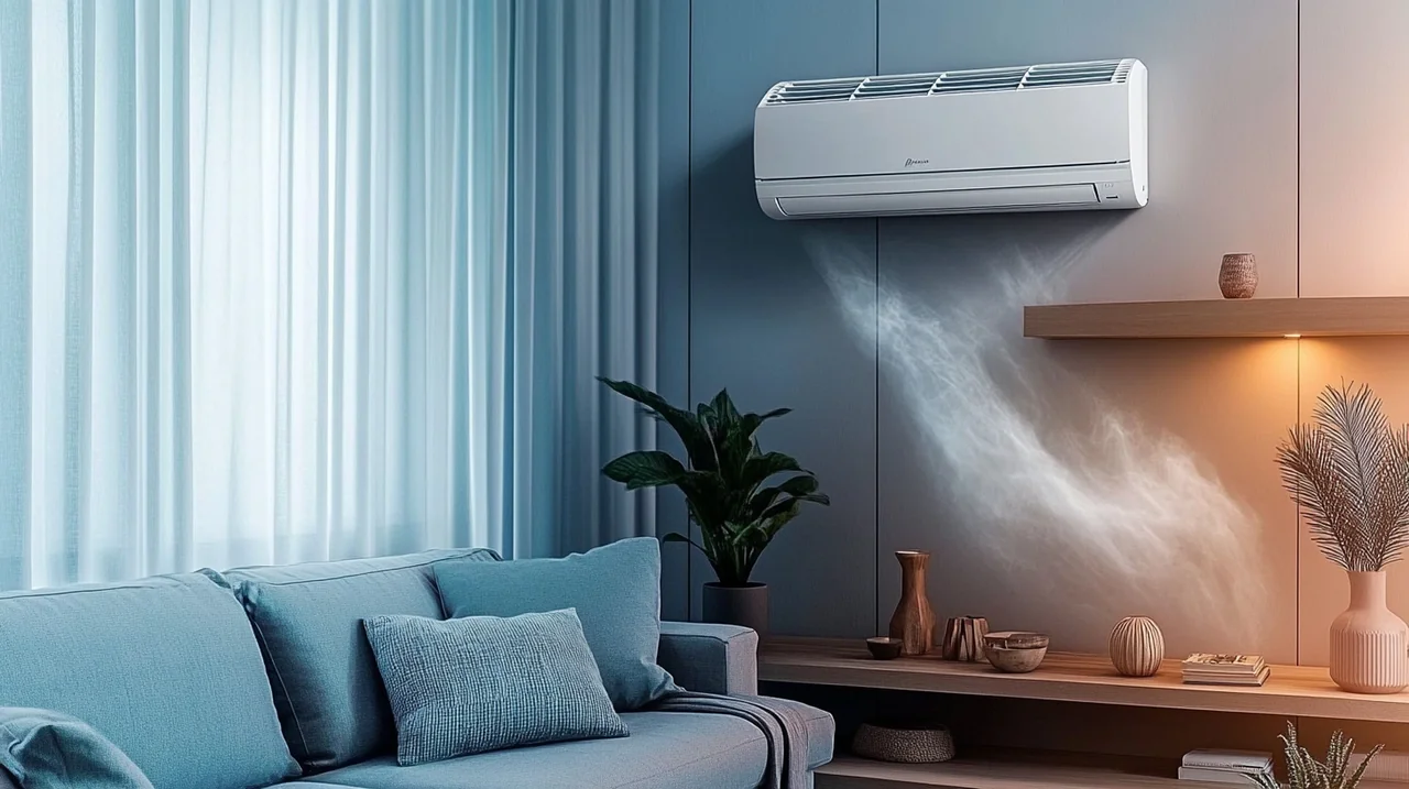 벽걸이 에어컨이 작동 중인 거실에서 여름 더위를 시원하게 식히고 있습니다. 에어컨 추천 제품으로 현대적인 디자인과 전통적인 요소가 어우러진 공간입니다. 은은한 파스텔 조명을 통해 평온한 분위기를 자아내며, 휴식과 편안함을 제공하고 있습니다.