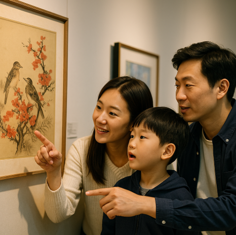 아이와 부모가 함께 그림을 관람하는 모습