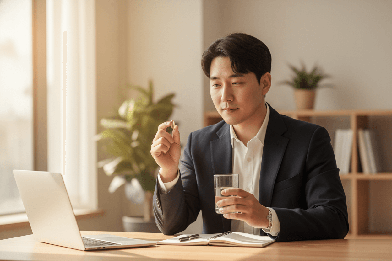 노트북 앞에서 오메가3 소프트젤을 섭취하는 직장인 남성, 물컵과 업무 책상