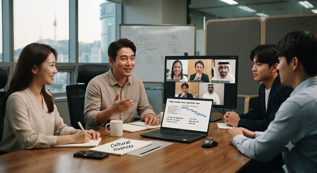 비영어권 클라이언트와 화상 회의를 진행하며 문화적 뉘앙스와 소통 방식을 논의하는 비즈니스 미팅 현장