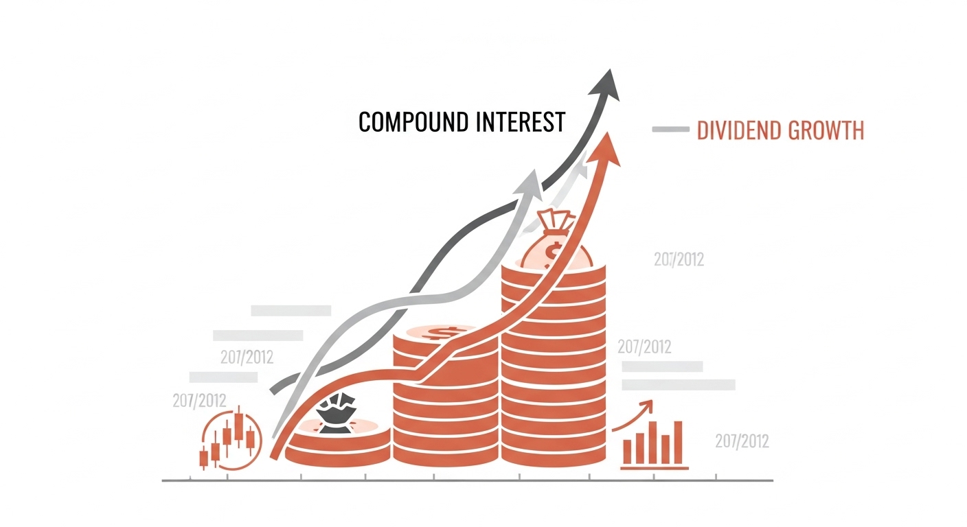 배당 투자를 통해 복리 효과로 자산이 증식하는 과정을 보여주는 인포그래픽.