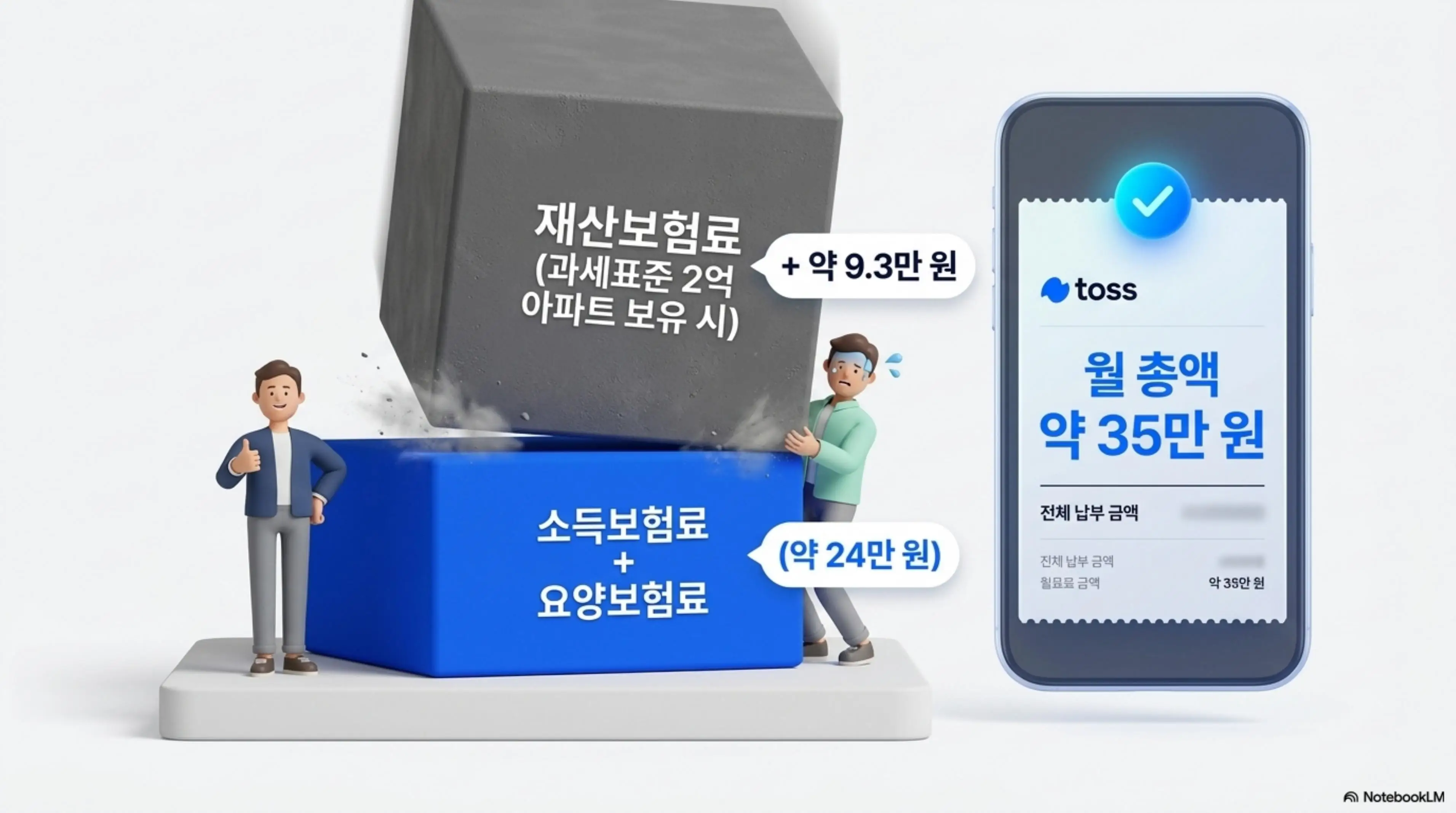 지역가입자 건강보험료: 프리랜서 지역가입자의 재산 보유 시 건강보험료 추가 부담을 보여주는 인포그래픽. 소득보험료와 요양보험료 약 24만 원에 과세표준 2억 원 아파트의 재산보험료 약 9.3만 원이 추가되어 월 총액 약 35만 원이 되는 시뮬레이션을 시각적으로 설명함