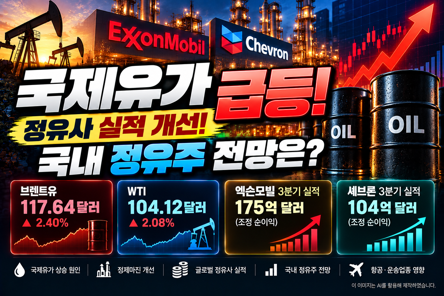 2026년 10월 국제유가 급등으로 브렌트유가 배럴당 117.64달러를 기록한 가운데 엑슨모빌·셰브론의 정제마진 개선과 국내 정유 관련주 전망을 분석한 이미지