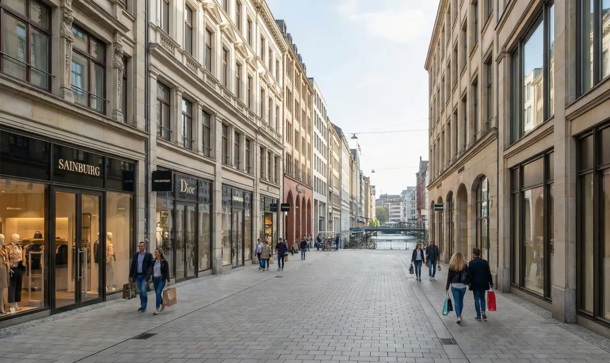 함부르크의 대표적인 쇼핑 거리인 노이어 발(Neuer Wall)의 활기찬 풍경입니다.