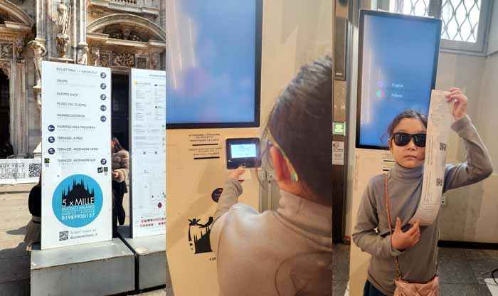 밀라노 두오모Duomo 표지판, 키오스에서 입장권 구매하는 아미