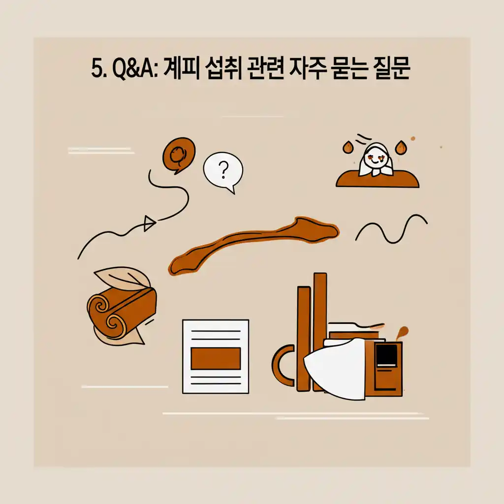 계피 효능과 부작용 Q&amp;A. 섭취 관련 자주 묻는 질문과 답변을 상징하는 이미지.