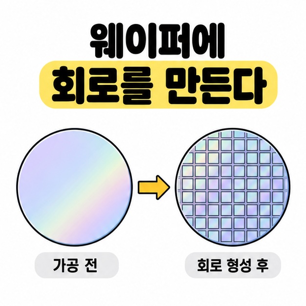 매끈한 가공 전 웨이퍼와 사각 회로 영역이 격자로 형성된 웨이퍼를 화살표로 연결한 비교 그림