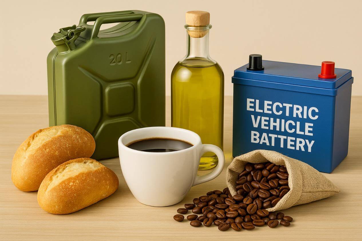 커피, 빵, 기름통, 배터리 등 다양한 생활 필수품이 놓인 모습.