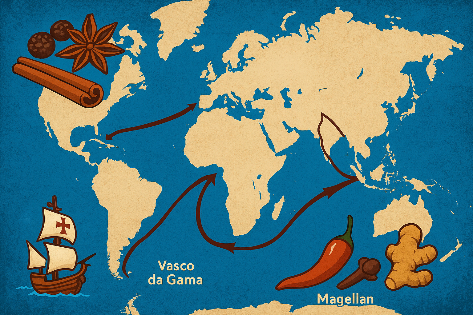 대항해시대 향신료 무역 경로와 주요 항로, 아시아 산지에서 유럽까지의 공급망 흐름을 보여주는 지도