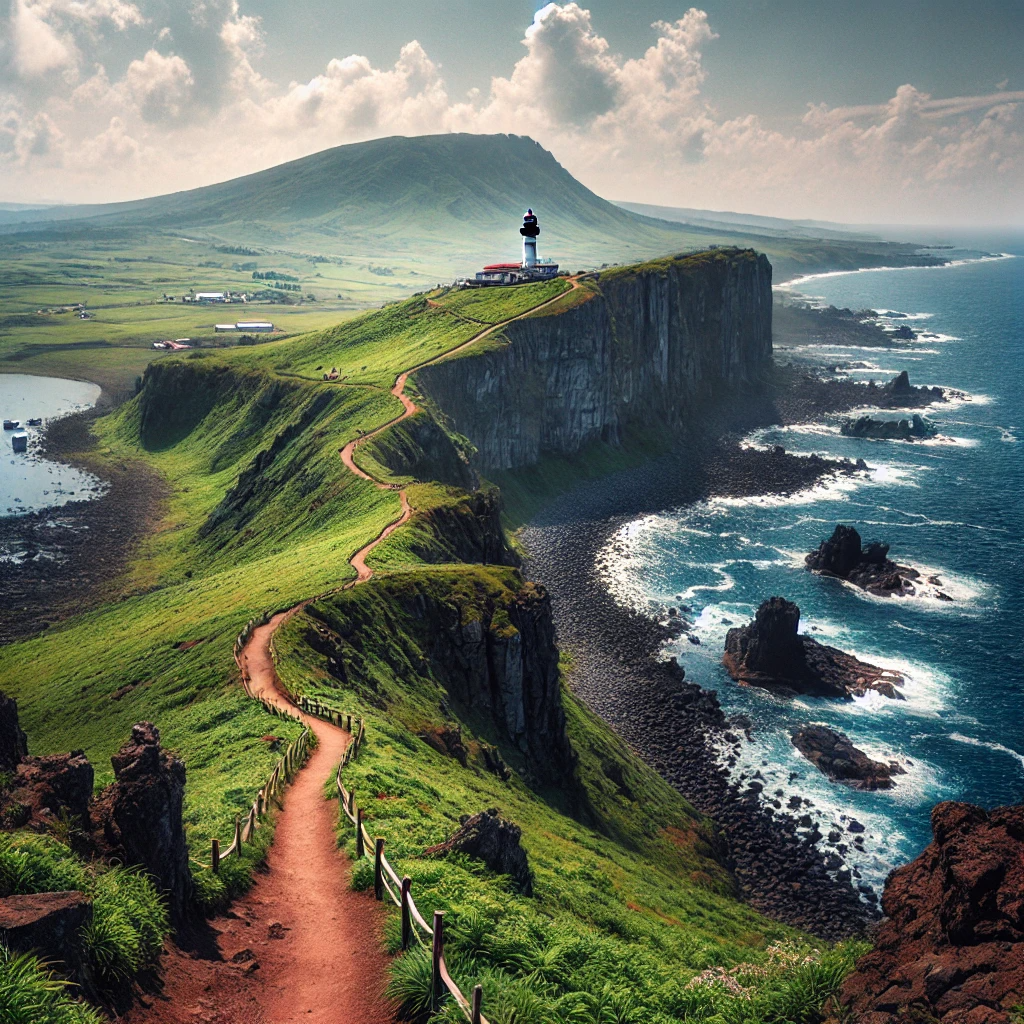 제주도 섭지코지의 절벽과 등대, 야생화와 푸른 들판이 어우러진 아름다운 풍경