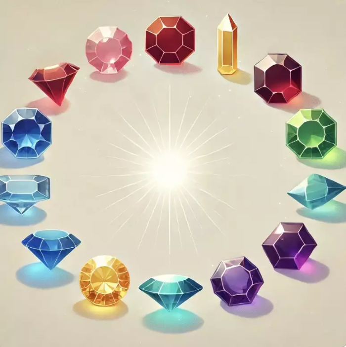 다양한 색상의 보석(빨강, 파랑, 초록, 노랑, 보라)이 은은한 배경 위에 놓여 있는 간결하고 우아한 일러스트. 보석은 각각의 심리적, 정서적 효과를 상징하며 빛나는 광채를 띠고 있습니다.