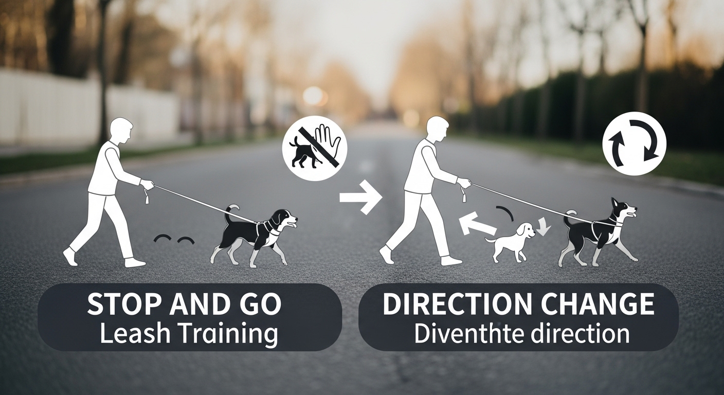 강아지 리드줄 훈련 방법인 멈추기 훈련과 방향 전환 훈련을 설명하는 인포그래픽