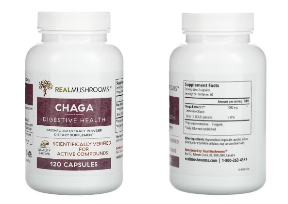 Real Mushrooms, 차가버섯, 소화 건강, 캡슐 120정