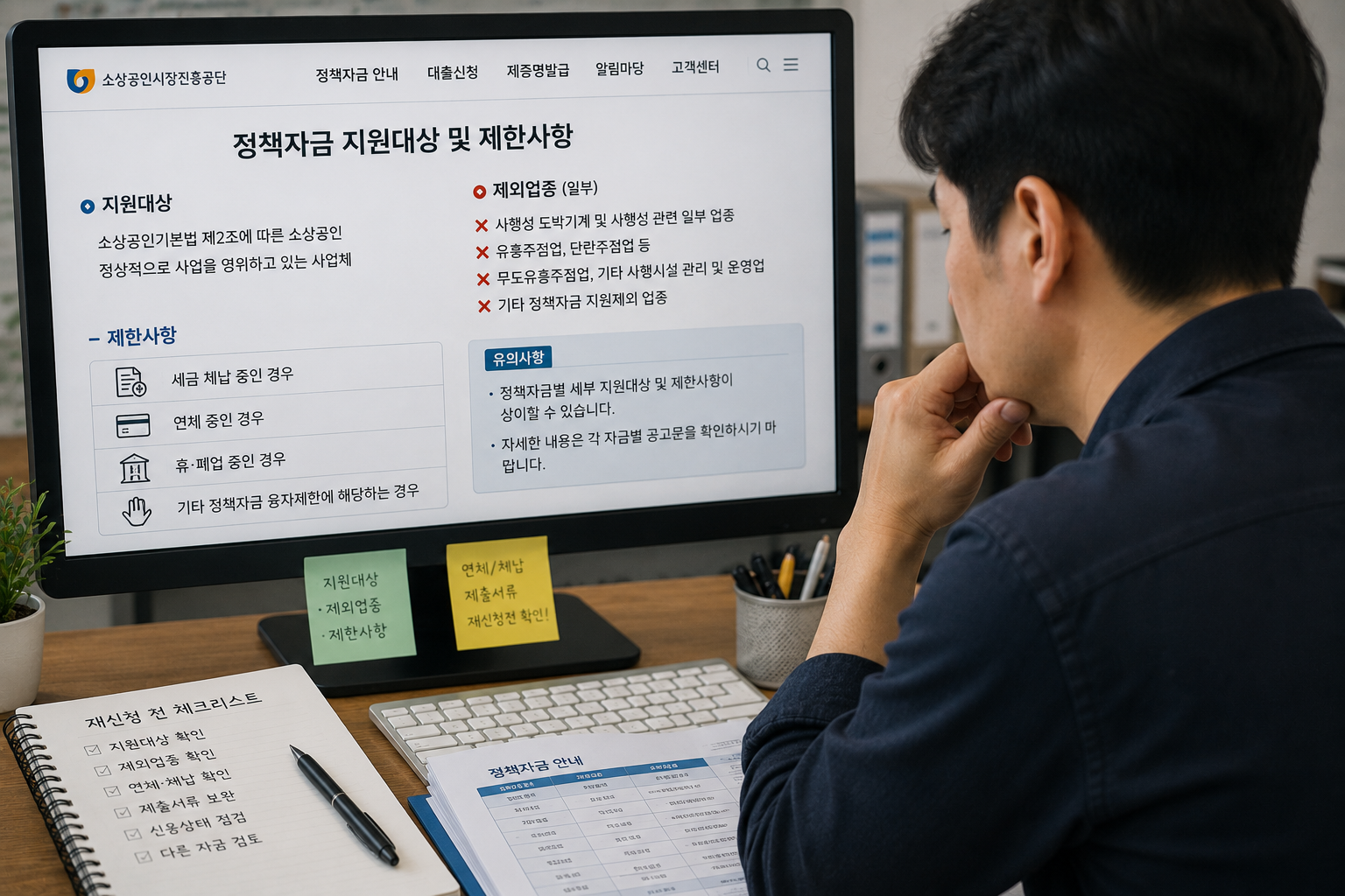 정책자금 안내를 살펴보는 사무실 장면