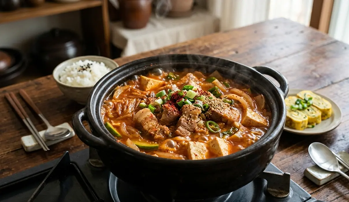 두부와 대파가 올라간 먹음직스러운 돼지고기 김치찌개 완성 사진