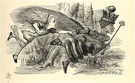 달리고 있는 붉은 여왕과 앨리스를 표현한 존 테니얼(John Tenniel)의 삽화