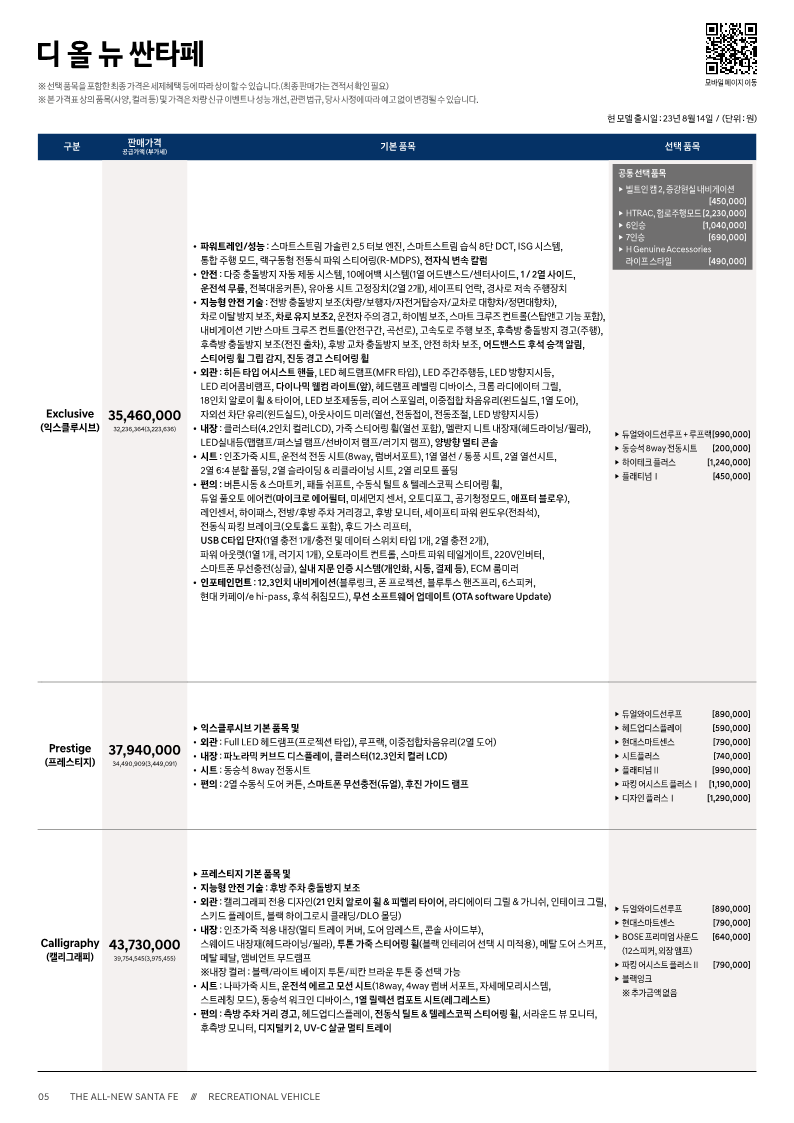 디 올 뉴 싼타페 2.5 가솔린 가격표1