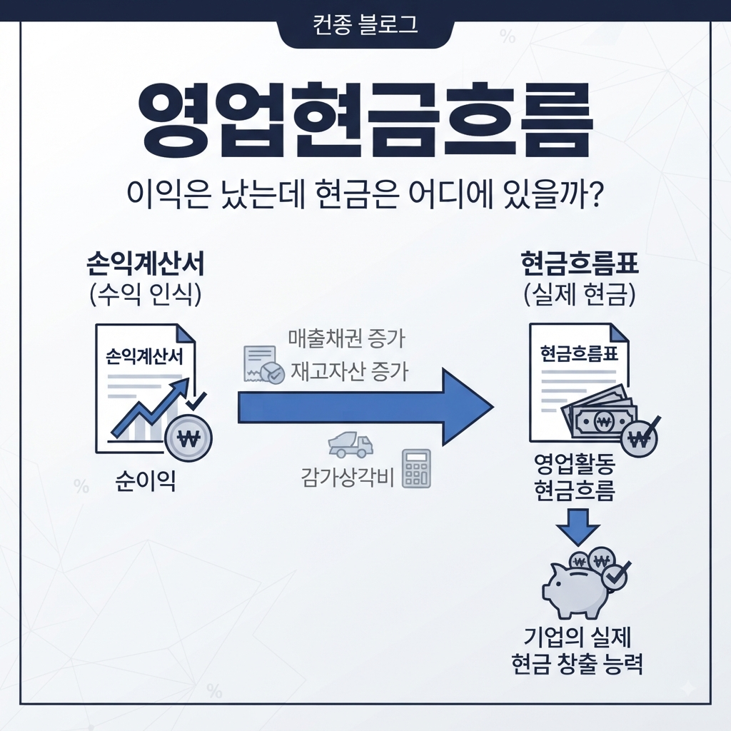 영업현금흐름을 이용해 기업의 실제 현금창출력을 확인하는 금융 재무분석 인포그래픽