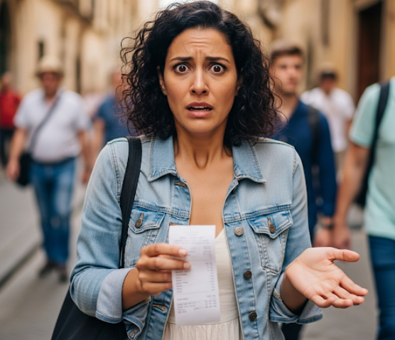 여성이 여행중 사기를 맞아 당황하는 모습