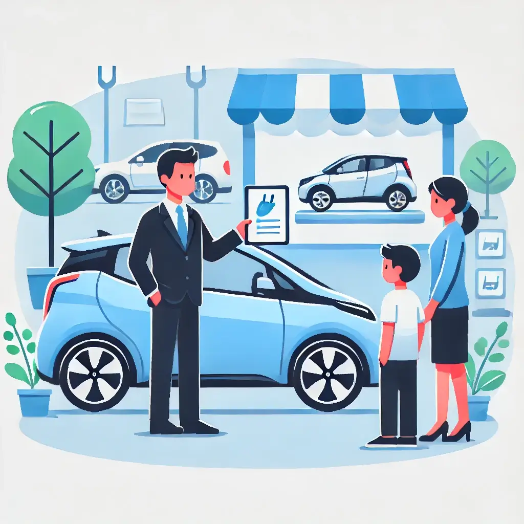 전기차 구매를 상담 중인 가족과 판매원의 모습.